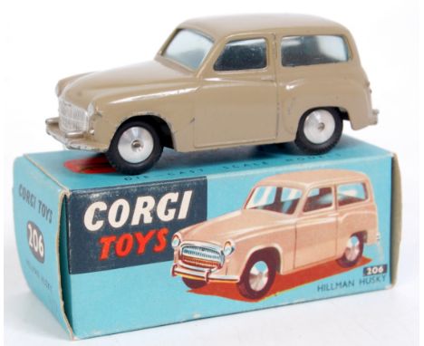 Corgi Toys, 206 Hillman Husky, tan or greyish light brown body, flat spun hubs, in blue ground all-card box (GVG-BGVG)