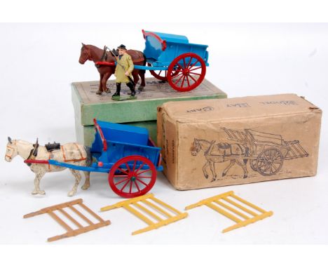 Britains, No.4F tumbrel in pale blue with red wheels and trim, brown horse and 2 yellow raves, plus carter with whip, in pre-