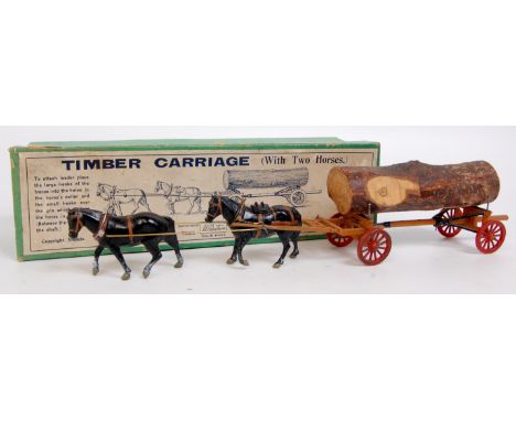 Britains, No.12F timber carriage (with two horses), timber carriage in buff and black with 2 black horses, one with traces, a