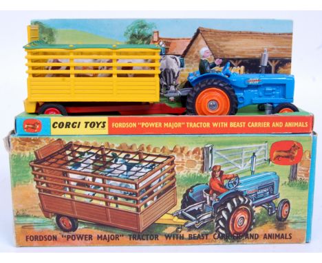 Corgi Toys, gift set 33, tractor and beast carrier, comprising of light blue Fordson Power Major with red plastic hubs, with 