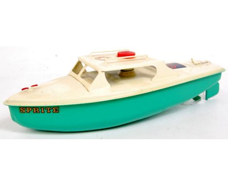 Sutcliffe Models, Sprite Day Cruiser, clockwork, light green hull with white deck and superstructure, red bung with Sutcliffe