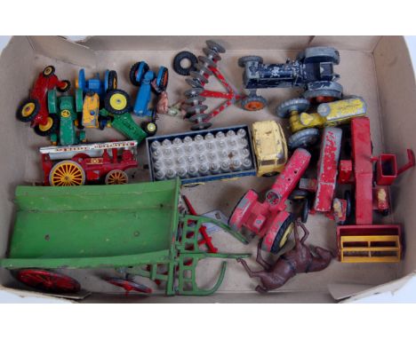 Corgi, Matchbox, Britains, mixed playworn tractors and farm related accessories to include; a rare Maylow Products diecast tr