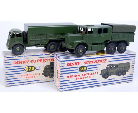 Dinky Toys, 689 medium artillery tractor, military green body with green tin rear canopy, seated drive figure with green hubs