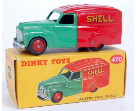 Dinky Toys, 470 Austin A40 van, red and green body with red hubs, silver detailed grille, Shell and BP livery, in the origina