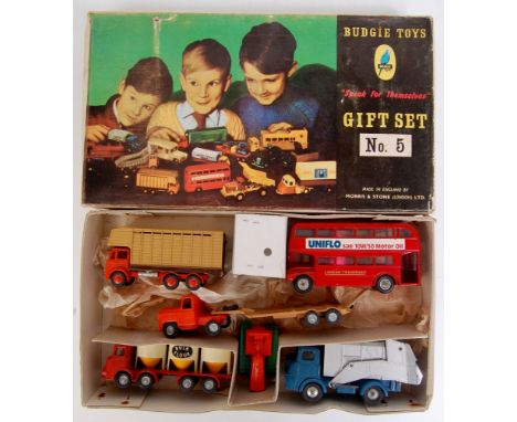 Budgie Toys Gift Set 5, comprising of 5 Commercial and Public Transport Vehicles to include AEC Uniflo Routemaster Bus (VG), 