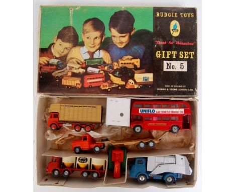 Budgie Toys Gift Set 5, comprising of 5 Commercial and Public Transport Vehicles to include AEC Uniflo Routemaster Bus (VG), 