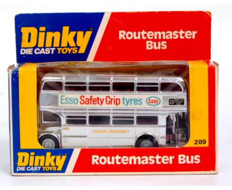 Dinky Toys, 289, London Route master Bus, unusual chrome body with Esso livery, base metal hubs, in the original blue, red an