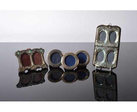 Five small silver mounted photograph frames, one Art Nouveau style with green and purple enamel flower heads, 11.2cm wide, th