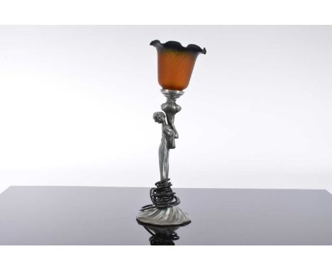 An Art Deco style spelter figural lamp base, with glass shade, 45cm total height