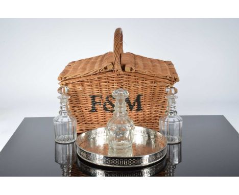 A Fortnum & Mason wicket hamper together with a silver plated tray and three decanters (AF)