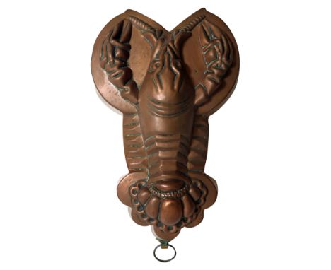 A 19th century French copper jelly mould, modelled as a crayfish or lobster, brass and steel suspension ring, unmarked, 7cm h