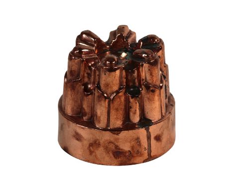 A Victorian copper circular tiered jelly mould, by Benham & Froud, 458, with six arch section panels with lappet bases, plain
