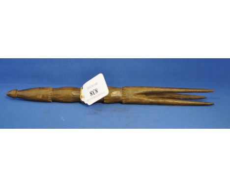 A Fijian cannibal fork Condition report Report by RB

One prong is shorter than the other two, and one of the long prongs is 
