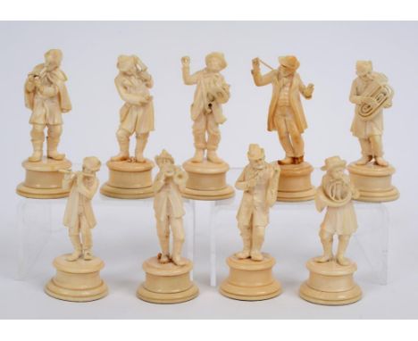 A set of nine late 19th/early 20th century Dieppe carved ivory musician figures (some loss), each approx. 9 cm high (9)  See 