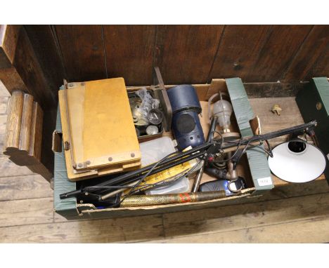 A box of mixed metal working tools including an angle poise lamp