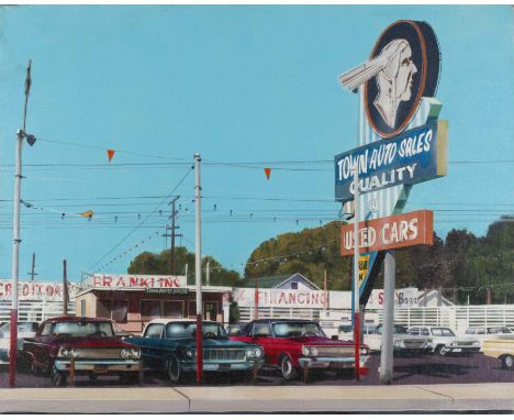 GEORGE R. JAMES (American, 1932-2016)Town Auto Sales Quality Used Cars Signé et titré au dos en haut à droiteCachet de la gal