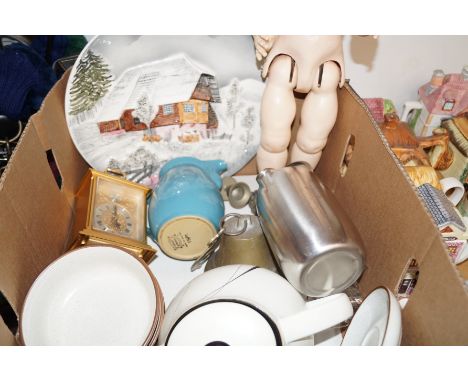 Various items to include Denby, vintage doll, Japanese carriage clock etc
