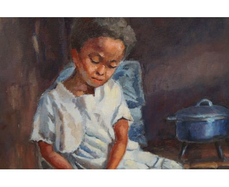 Framed oil on canvas, info to verso 'Malagasy portrait of a young girl cleaning rice, 1980, Madeleine Munos'