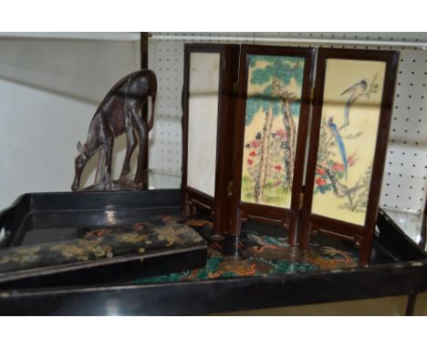A Japanese black lacquered two handled tray, a four fold screen ; a pen box ;  etc 