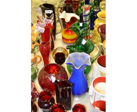 Glassware - ruby glass vases;  green glass jug;  an emerald jug;  etc 