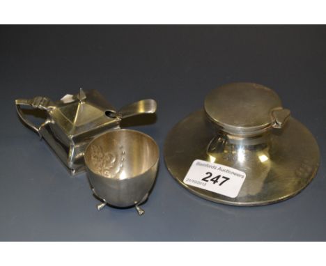 Silver - a silver capstan ink well, Birmingham; a silver Art Deco mustard pot, lacking liner; Birmingham, a silver egg cup (3