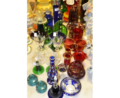 Coloured Glassware - ruby glass  ashtray ,goblet, vases, blue glass ;  etc 
