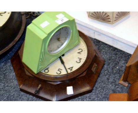 A Smiths Sectric Bakelite wall clock;  a Ingersoll green Bakelite mantel clock (2)