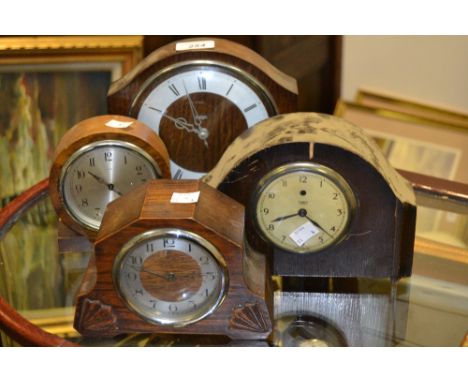 An Art Deco oak mantel clock c.1930; others (4)