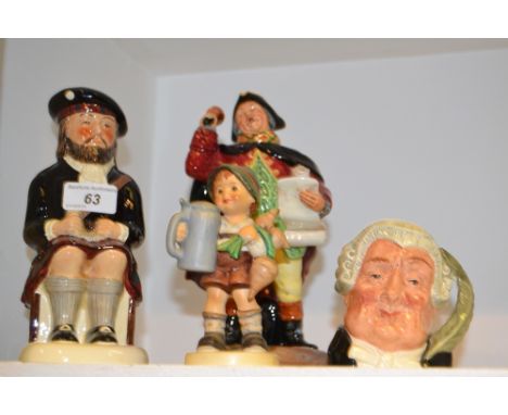A Royal Doulton figure Town Cryer HN2119; a Royal Doulton character jug, The Lawyer ; an Arthur Woods character jug , The Hig