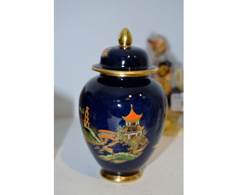 A Carltonware Ginger jar and cover, decorated in the Pagodas pattern, polychrome lustre blue ground, printed marks, 15cm high