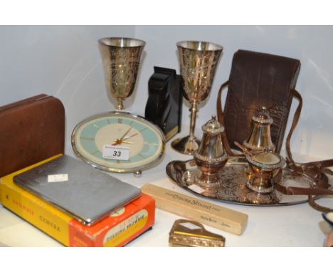 Boxes and Objects - a Conway Stewart pink marbelised fountain pen, boxed;  a pair of EPNS goblets;  a novelty alarm clock;  e