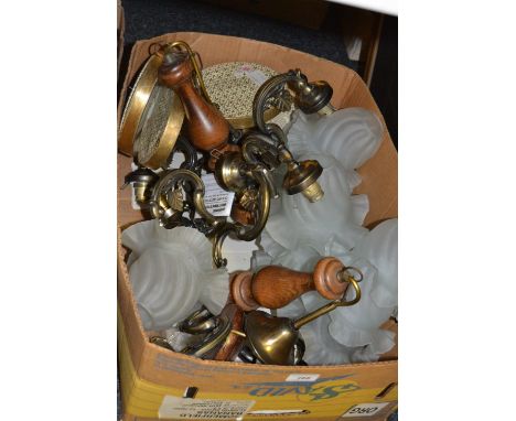 Lighting - a four light wood and brass ceiling light with frosted glass shade;  etc 