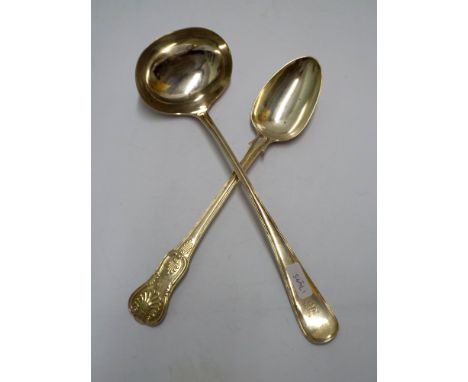 Victorian silver fiddle and shell pattern serving or basting spoon, London hallmarks 1853 together with a later soup ladle by