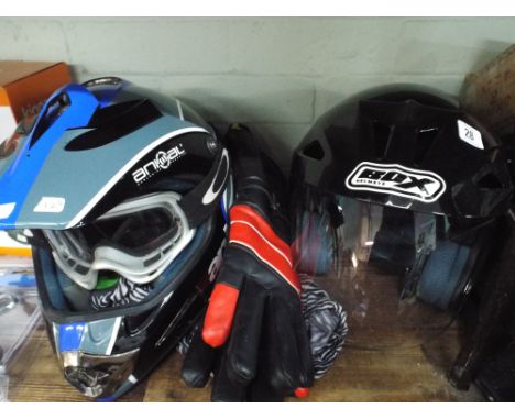 A DOX Helmet with visor and a Animal crash helmet with goggles, gloves etc 