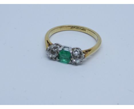 Emerald and Diamond three stone ring 18ct yellow gold shank ring size M