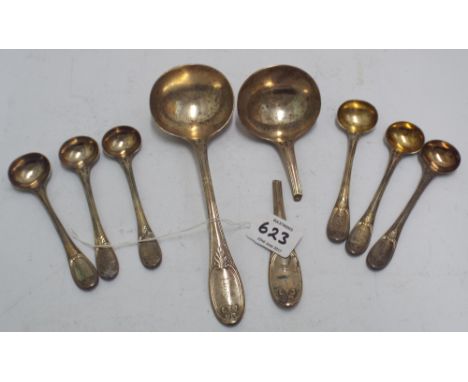 Six Victorian silver salt spoons and two matching sauce ladles London hallmarks 1851 makers mark GA weight 8.9 troy ozs     O