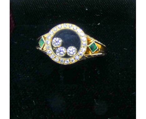 Chopard Happy Diamonds ladies ring with emerald set shoulders in 18ct yellow gold ring size O 1/2