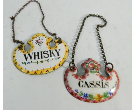 Two antique enamel decanter labels Whisky and Cassis