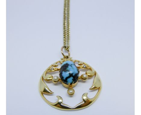 Edwardian Arts and Crafts style pendant, of circular form with turquoise matrix to the centre with seed pearls, stamped 15 ct