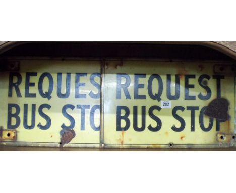 Two enamel regressed bus stop signs 