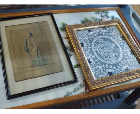 A Japanese needlework picture of Cranes, one other and framed needlework lace panel 