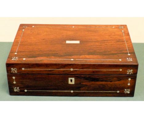 A Regency mother of pearl inlaid rosewood writing box 25cms wide, 23cms deep, 12cms high