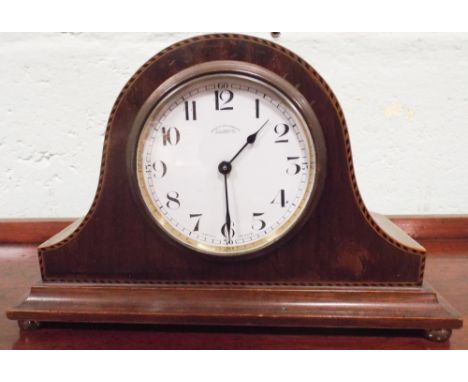 Small Edwardian inlaid mahogany Napoleon style mantle clock by F A Chandler Leamington Spa