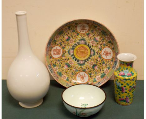 Chinese dish, small enamel dish a white vase and one other     small vase broken and repaired at top.  29cms tall, plate 24cm