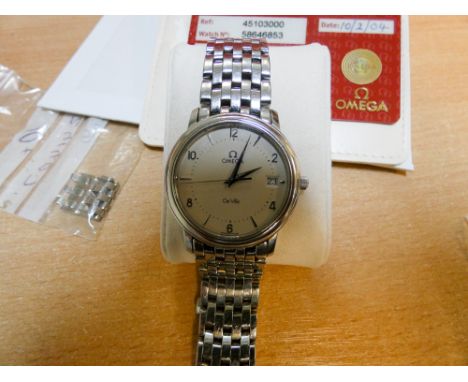 An Omega De Ville gentlemen's stainless steel quartz wrist watch with circular silver Arabic and baton calendar dial model nu
