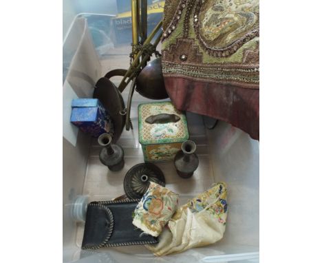 A set of brass beam scales, folding camera, biscuit tin, embroidered and beaded cushion cover etc 
