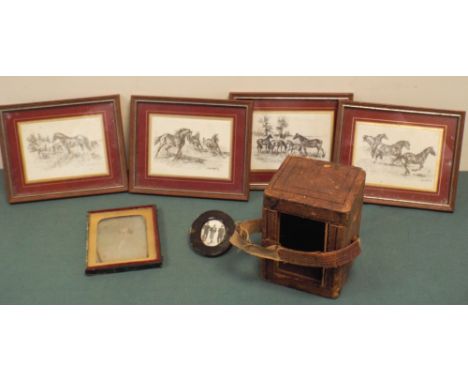 Miniature oval tortoiseshell frame, carriage clock case, framed prints of ponies etc 