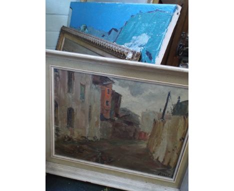 Print of a sailing ship and three various oil paintings 