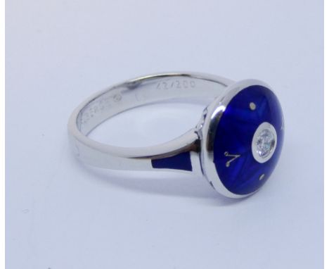 A Victor Mayer for Faberge ring, set with royal blue enamel and central diamond,  limited edition 42 of 200, on 18ct white go