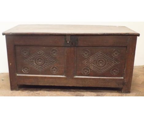 Antique oak carved two panel coffer 108cms wide 